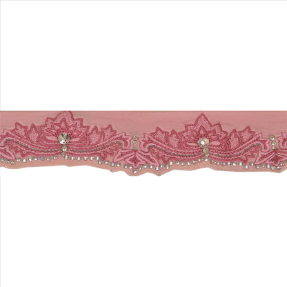SANSKRITI VINTAGE Border Hand Beaded 1 YARD Trim Sewing Pink Rhinestone Lace