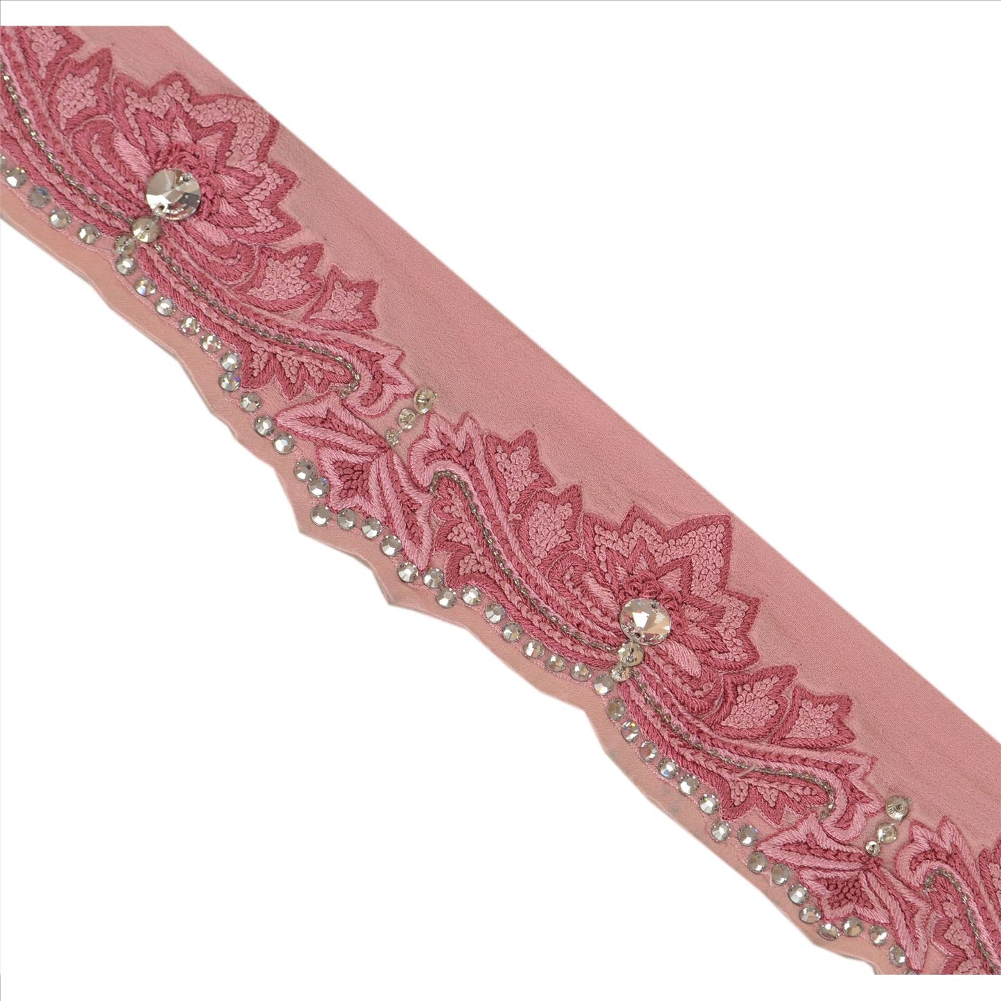 SANSKRITI VINTAGE Border Hand Beaded 1 YARD Trim Sewing Pink Rhinestone Lace