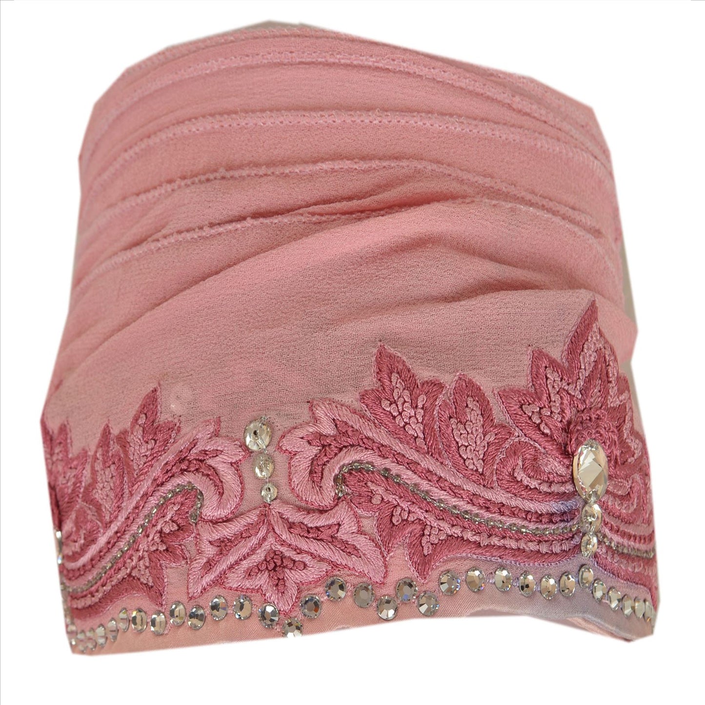 SANSKRITI VINTAGE Border Hand Beaded 1 YARD Trim Sewing Pink Rhinestone Lace