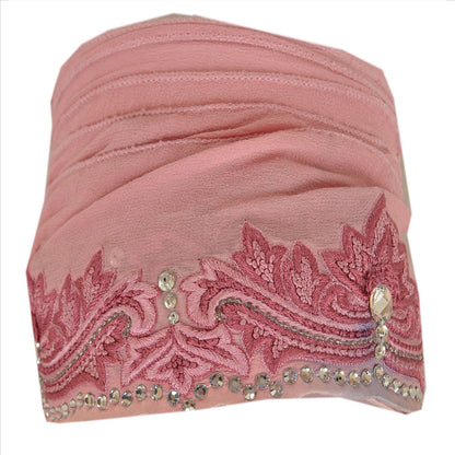 SANSKRITI VINTAGE Border Hand Beaded 1 YARD Trim Sewing Pink Rhinestone Lace