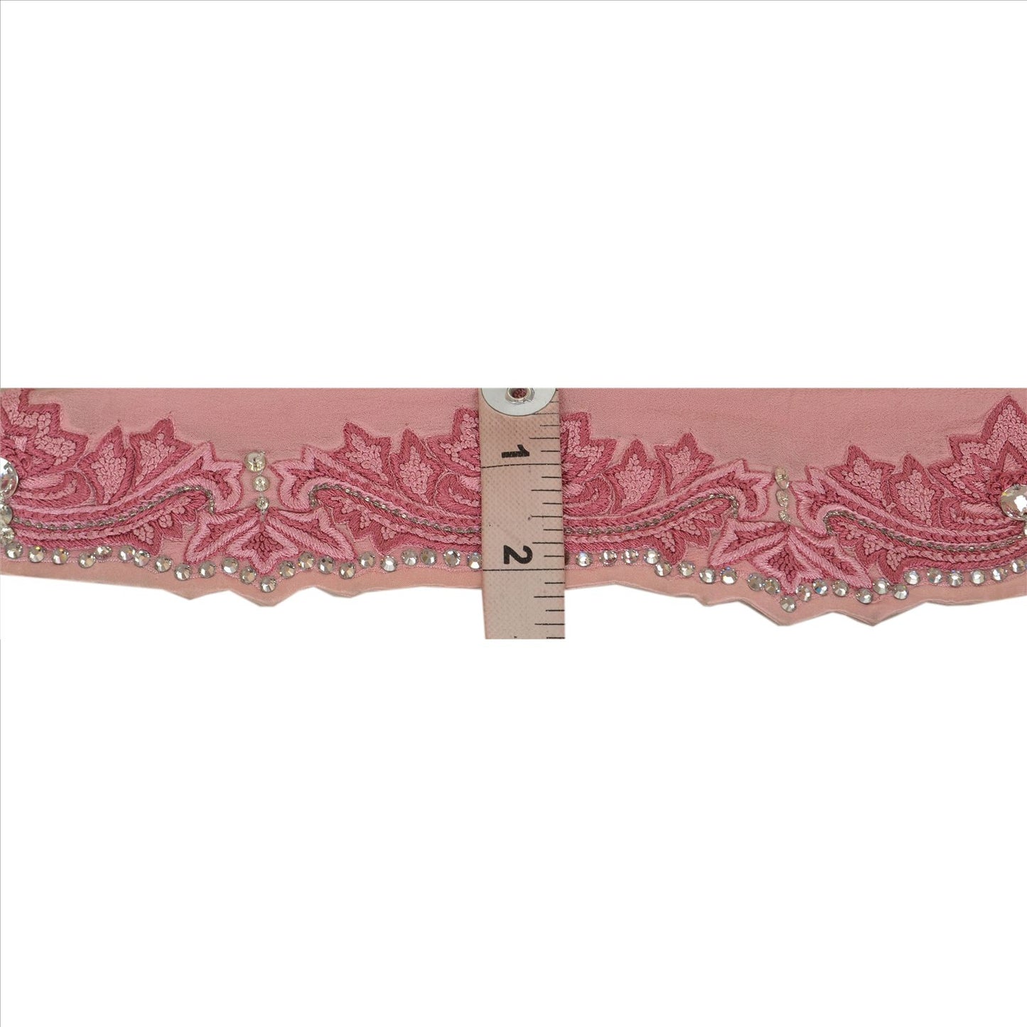 SANSKRITI VINTAGE Border Hand Beaded 1 YARD Trim Sewing Pink Rhinestone Lace