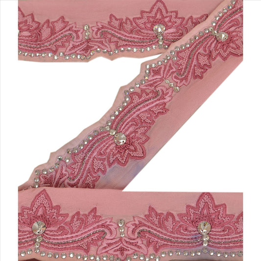 SANSKRITI VINTAGE Border Hand Beaded 1 YARD Trim Sewing Pink Rhinestone Lace