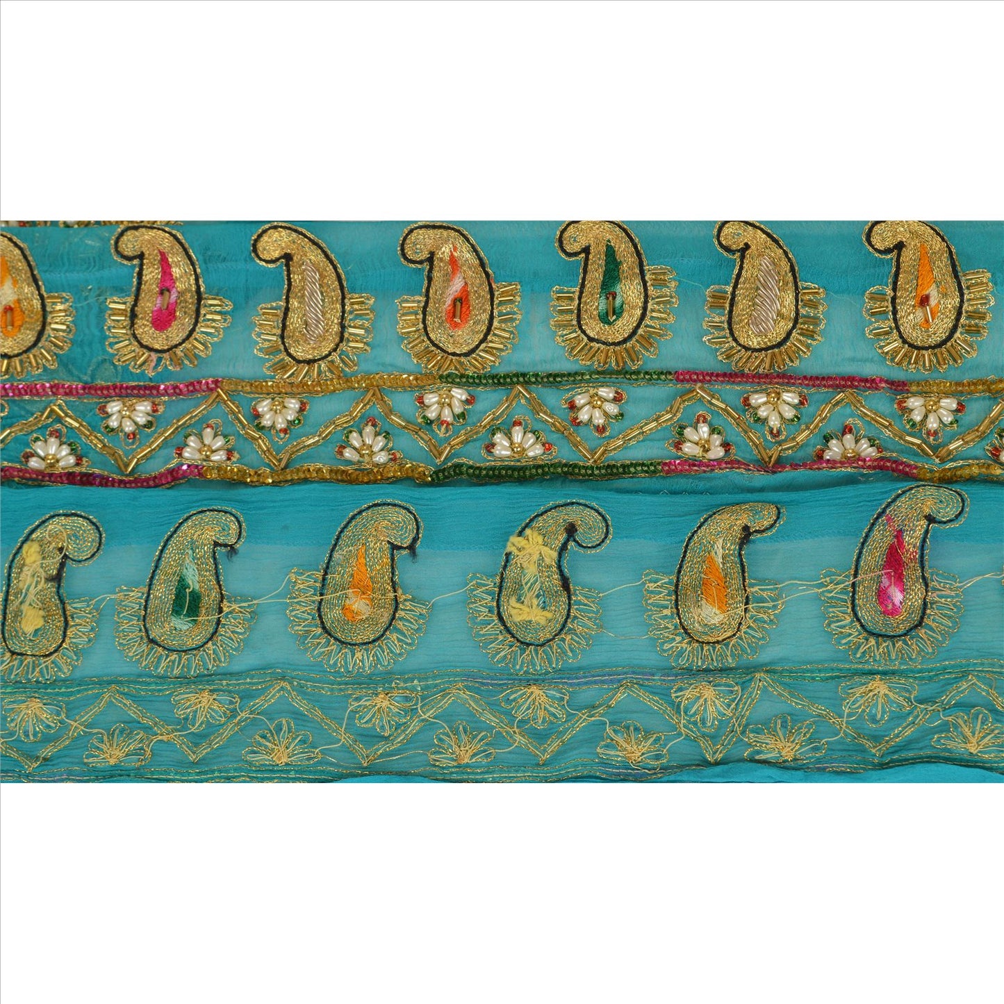 Sanskriti Vintage Sari Border Hand Beaded 1 Yd Indian Trim Sewing Blue Lace