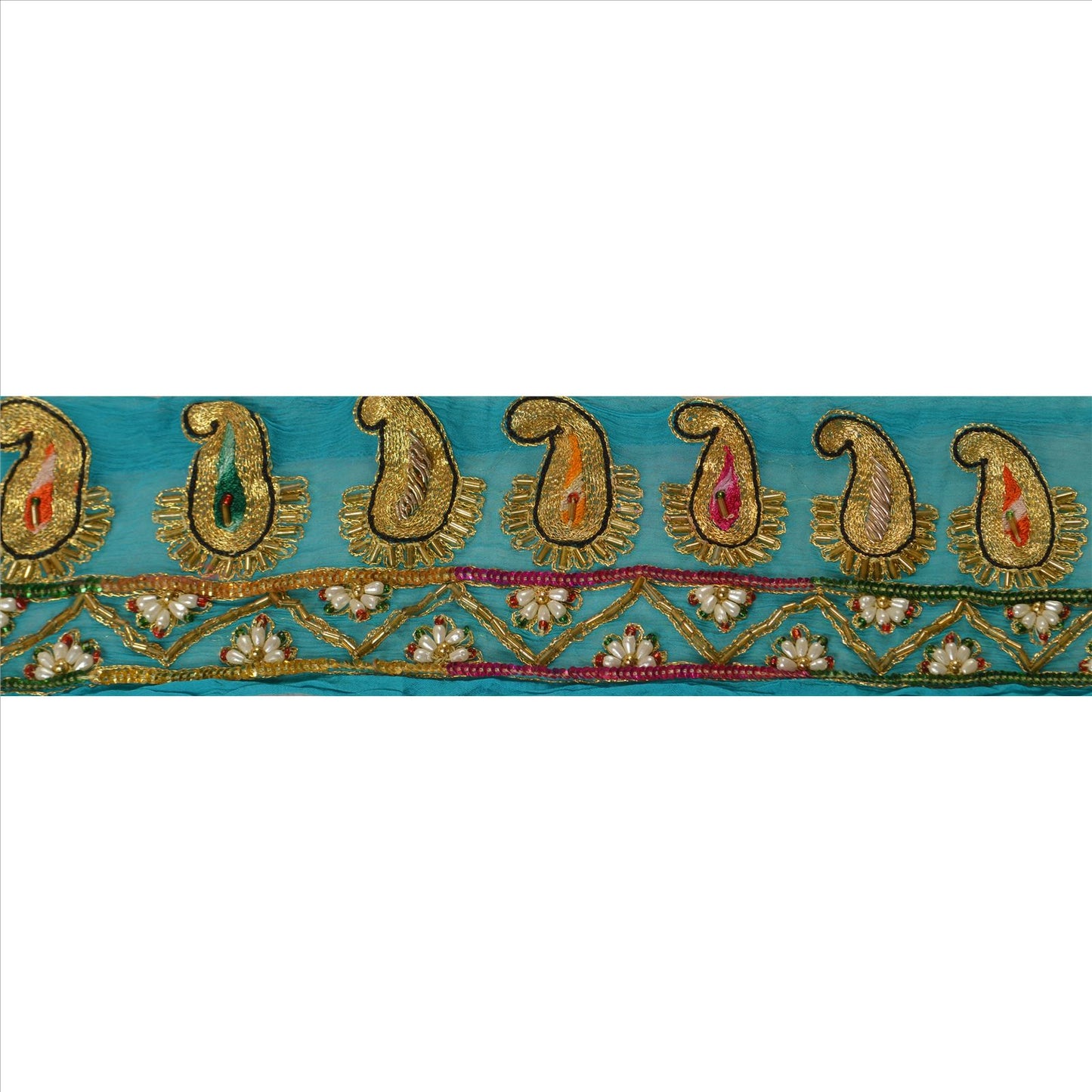 Sanskriti Vintage Sari Border Hand Beaded 1 Yd Indian Trim Sewing Blue Lace