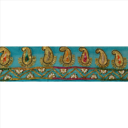 Sanskriti Vintage Sari Border Hand Beaded 1 Yd Indian Trim Sewing Blue Lace