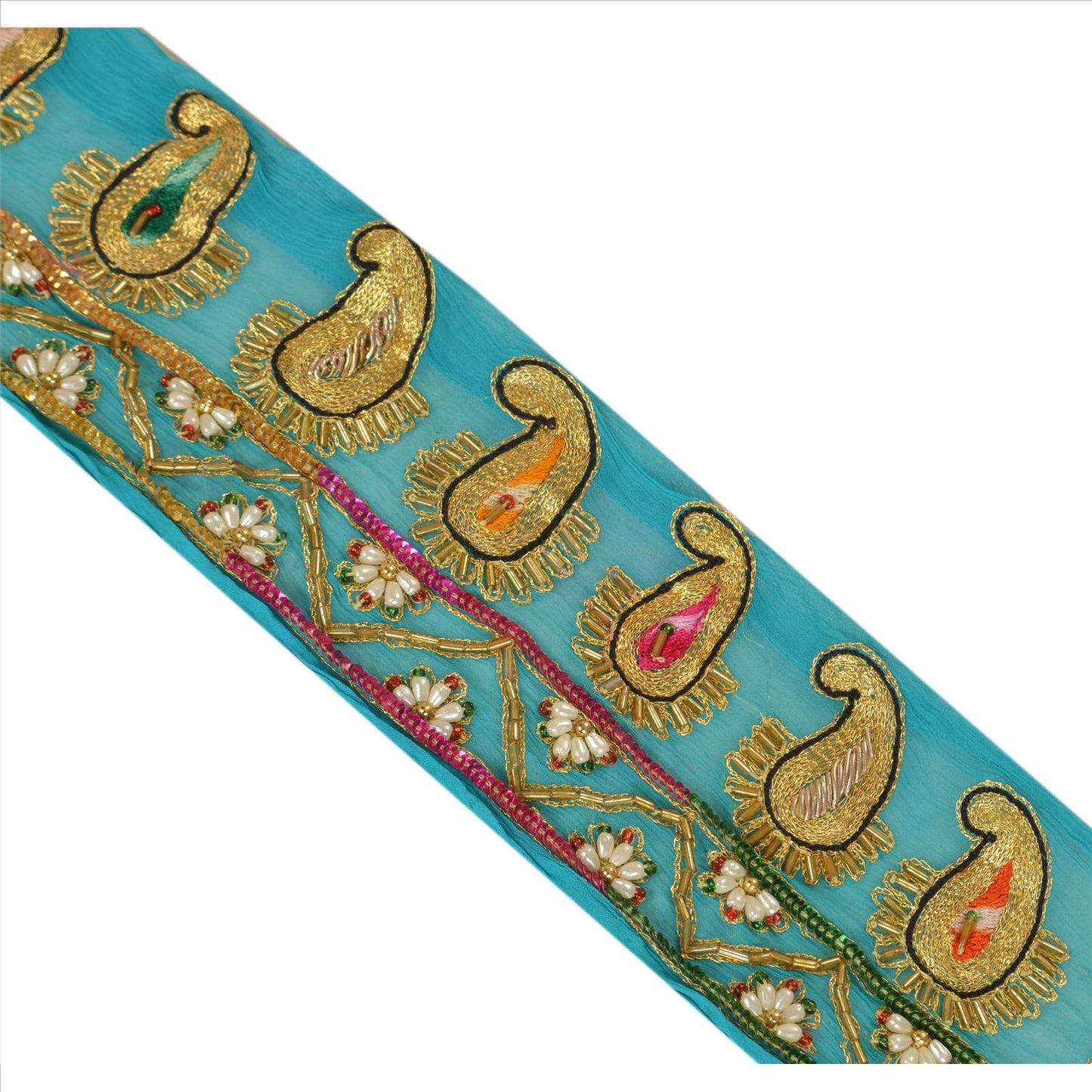 Sanskriti Vintage Sari Border Hand Beaded 1 Yd Indian Trim Sewing Blue Lace