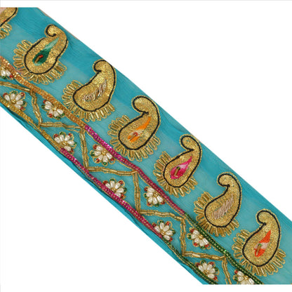 Sanskriti Vintage Sari Border Hand Beaded 1 Yd Indian Trim Sewing Blue Lace