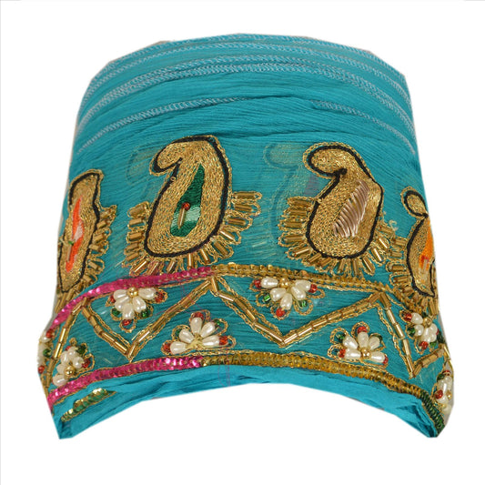 Sanskriti Vintage Sari Border Hand Beaded 1 Yd Indian Trim Sewing Blue Lace