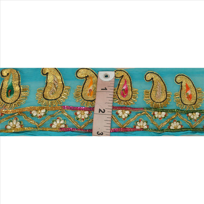 Sanskriti Vintage Sari Border Hand Beaded 1 Yd Indian Trim Sewing Blue Lace