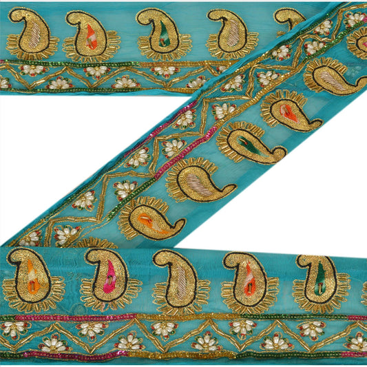 Sanskriti Vintage Sari Border Hand Beaded 1 Yd Indian Trim Sewing Blue Lace