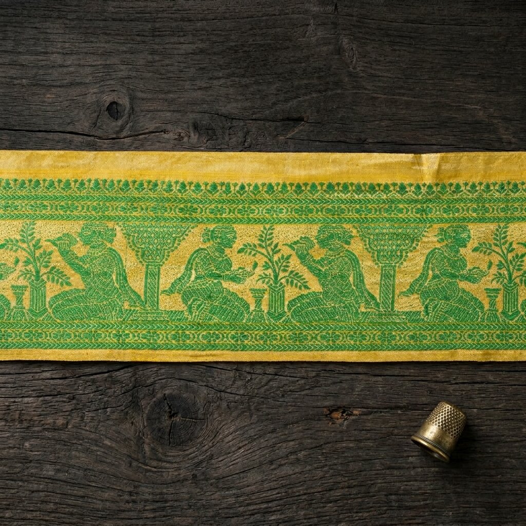 Sanskriti Vintage Green Pure Silk 1 YD Sari Border Baluchari Handwoven Trim Lace