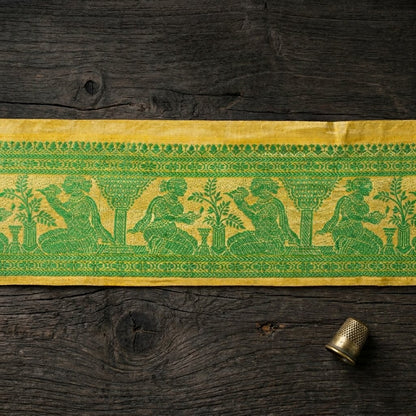 Sanskriti Vintage Green Pure Silk 1 YD Sari Border Baluchari Handwoven Trim Lace