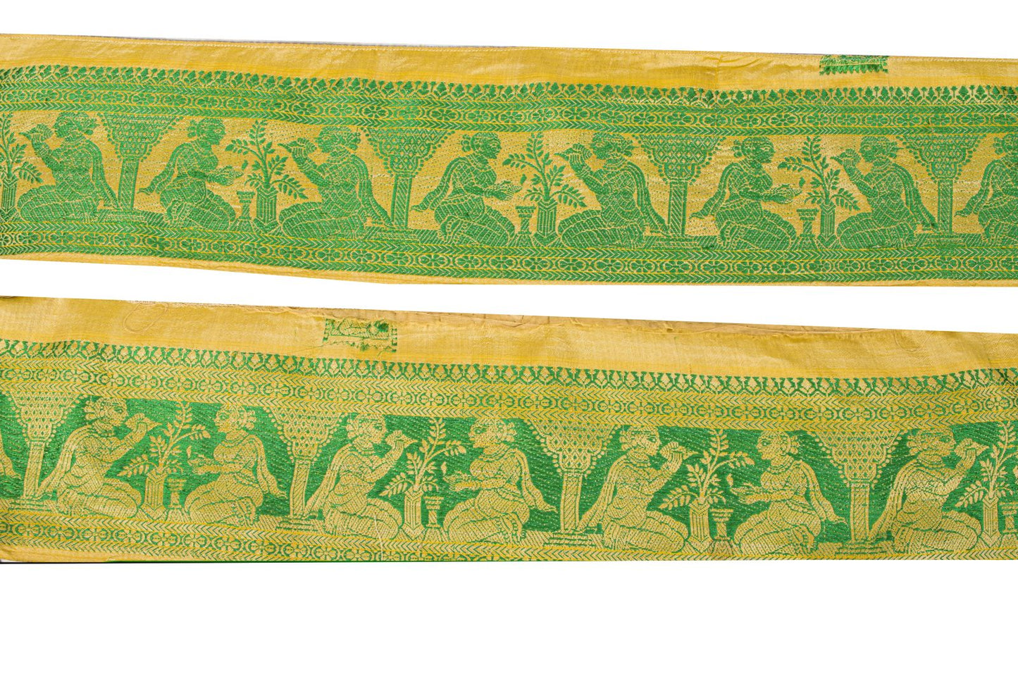 Sanskriti Vintage Green Pure Silk 1 YD Sari Border Baluchari Handwoven Trim Lace