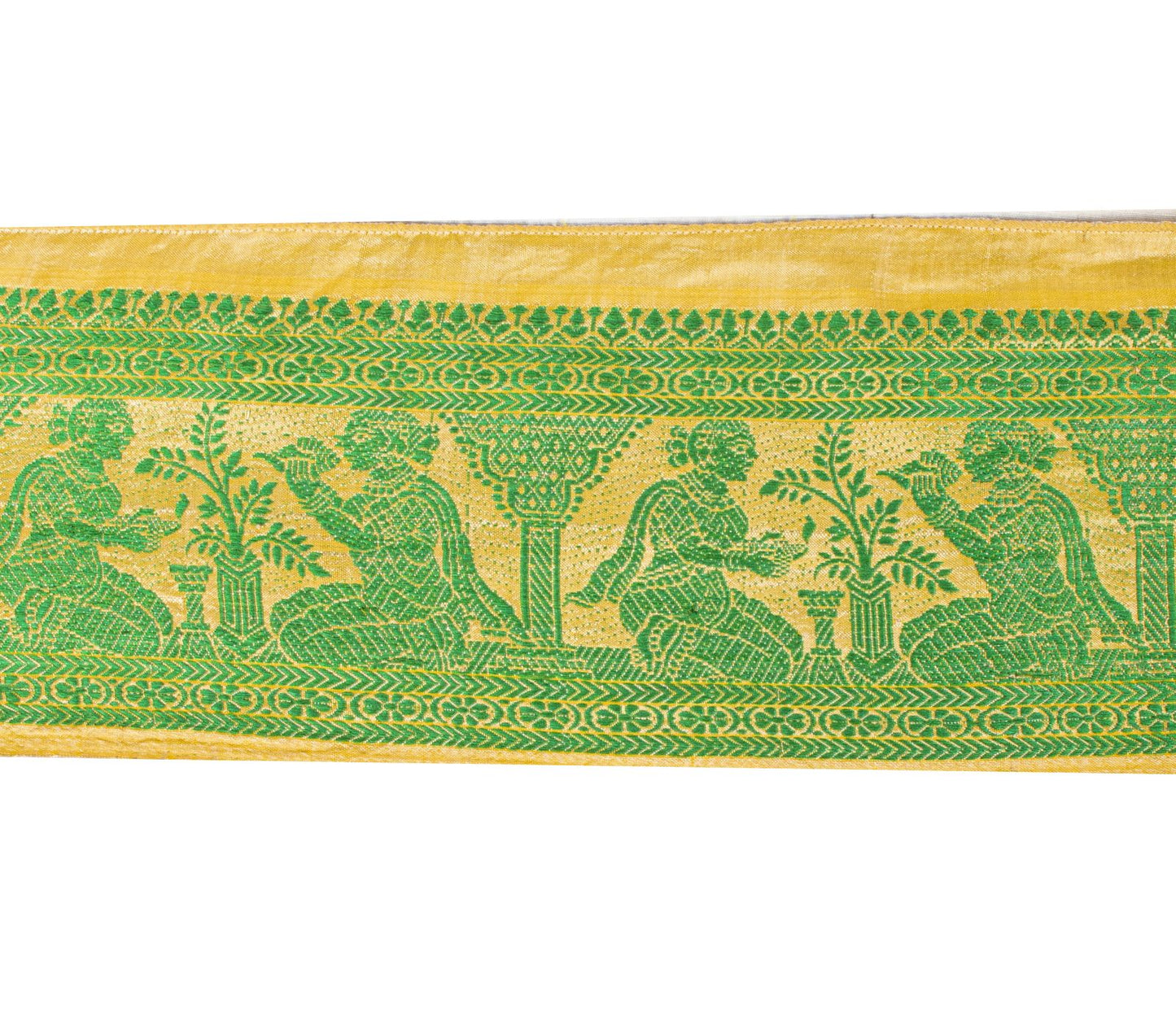 Sanskriti Vintage Green Pure Silk 1 YD Sari Border Baluchari Handwoven Trim Lace