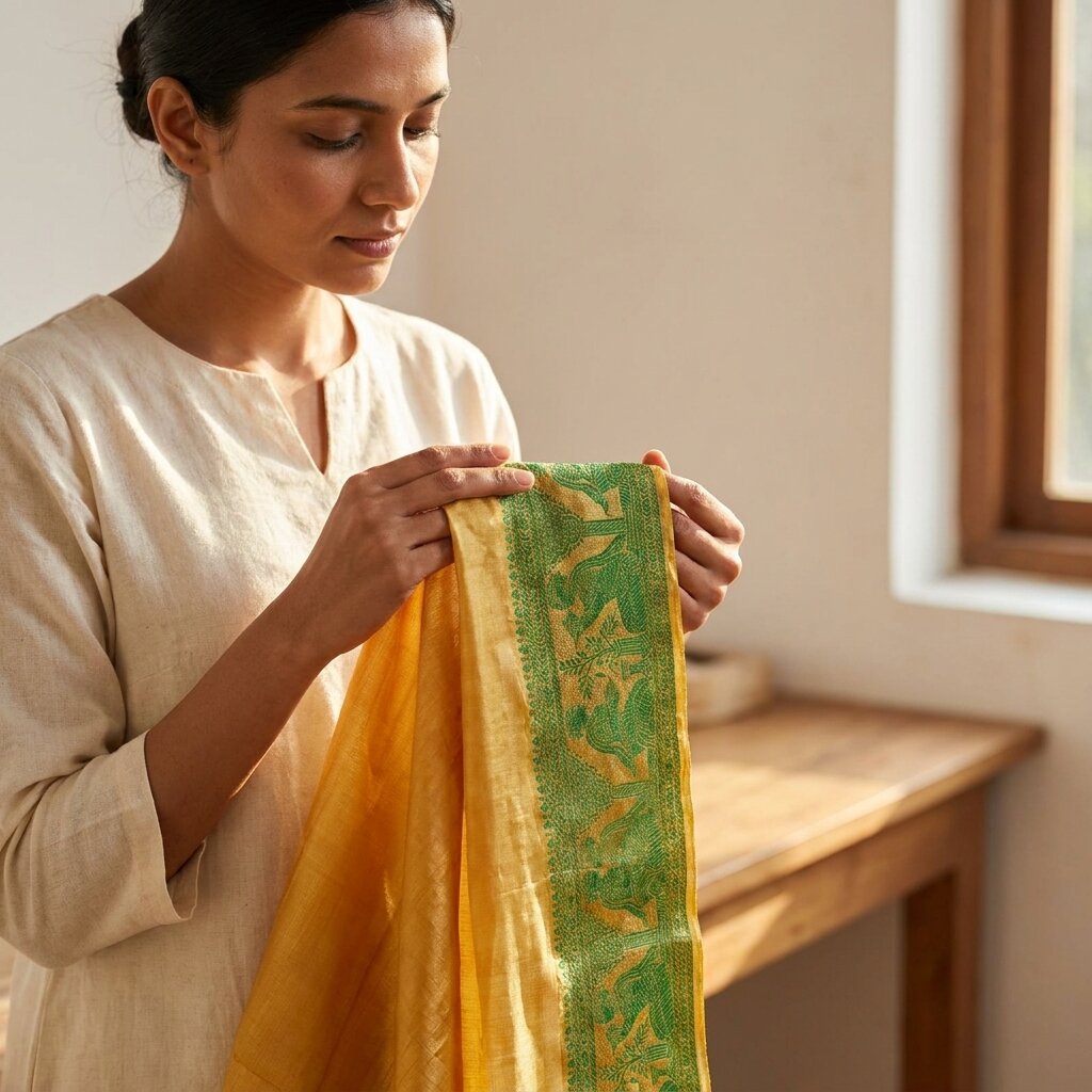 Sanskriti Vintage Green Pure Silk 1 YD Sari Border Baluchari Handwoven Trim Lace