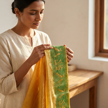 Sanskriti Vintage Green Pure Silk 1 YD Sari Border Baluchari Handwoven Trim Lace