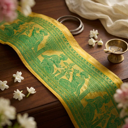 Sanskriti Vintage Green Pure Silk 1 YD Sari Border Baluchari Handwoven Trim Lace