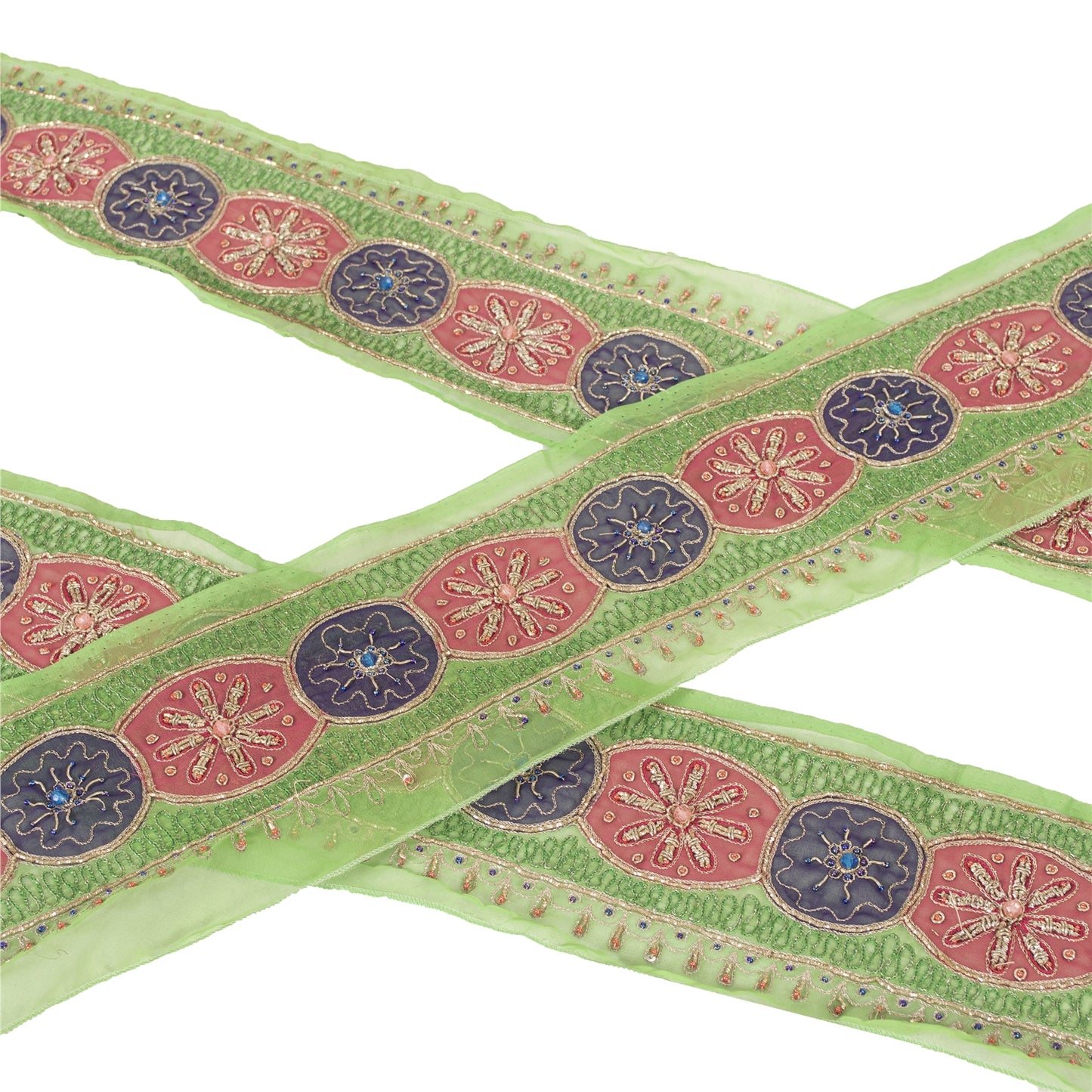 Sanskriti Vintage Sari Border Hand Beaded 1YD Indian Trim Zardozi ZariGreen Lace