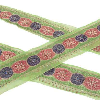 Sanskriti Vintage Sari Border Hand Beaded 1YD Indian Trim Zardozi ZariGreen Lace