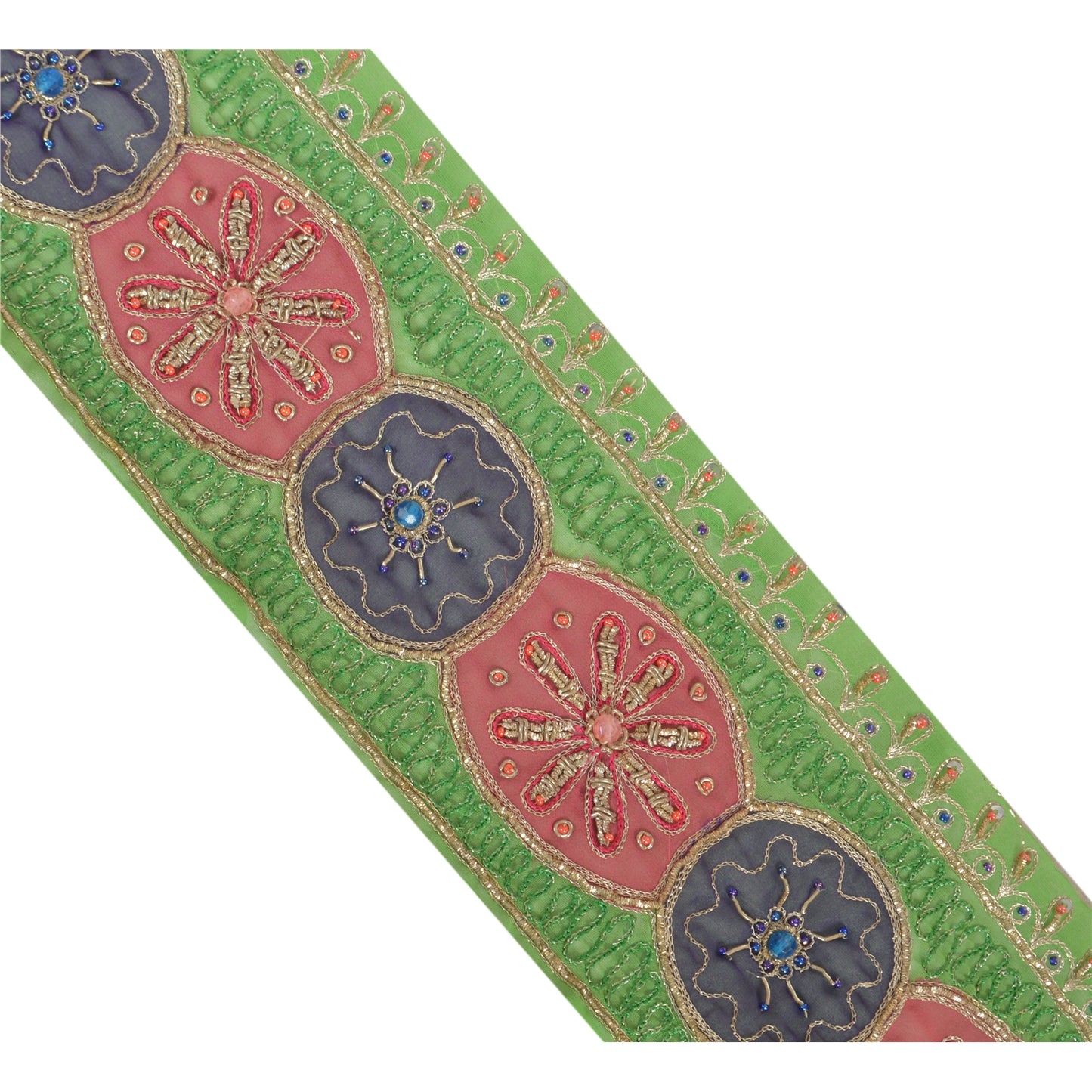 Sanskriti Vintage Sari Border Hand Beaded 1YD Indian Trim Zardozi ZariGreen Lace