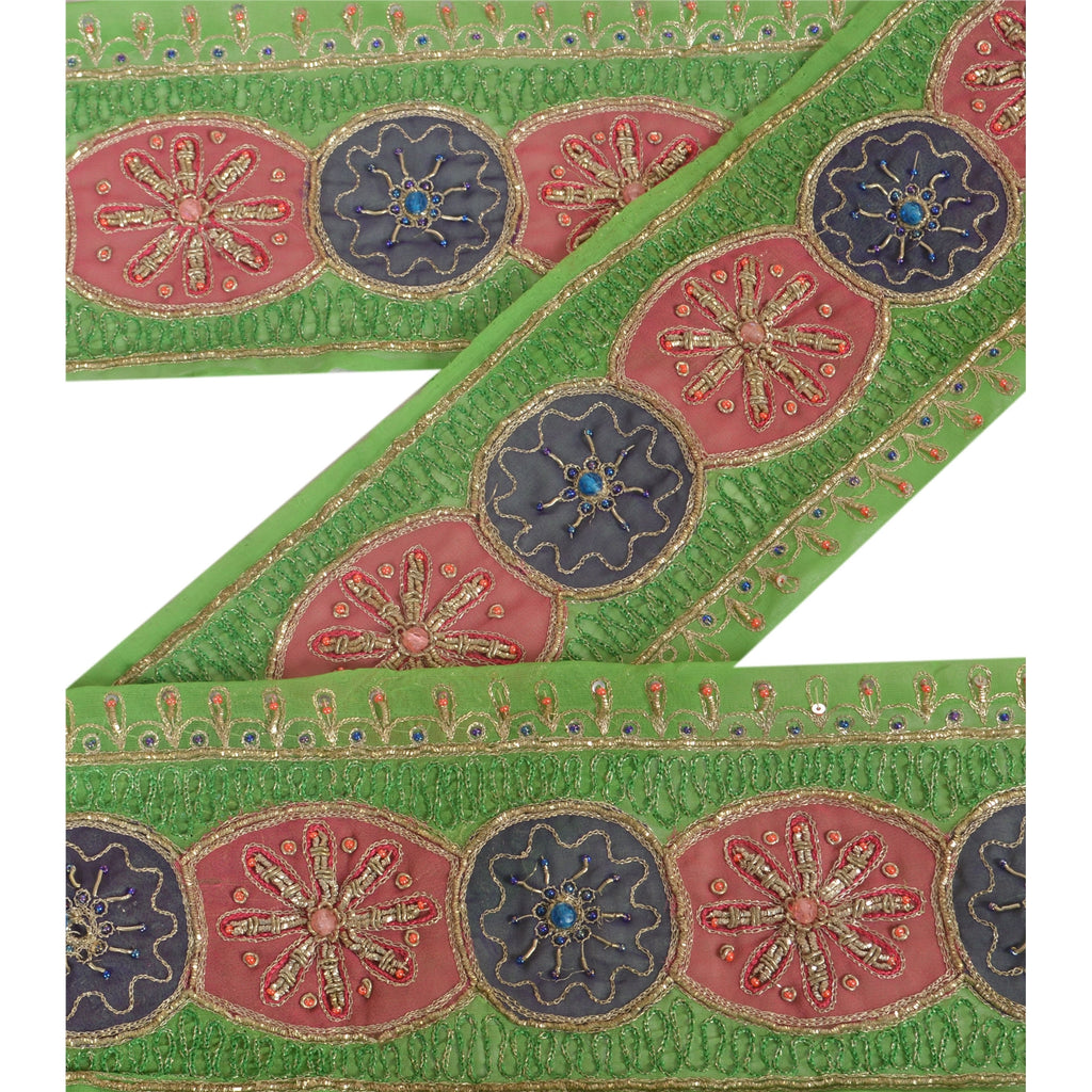 Sanskriti Vintage Sari Border Hand Beaded 1YD Indian Trim Zardozi ZariGreen Lace