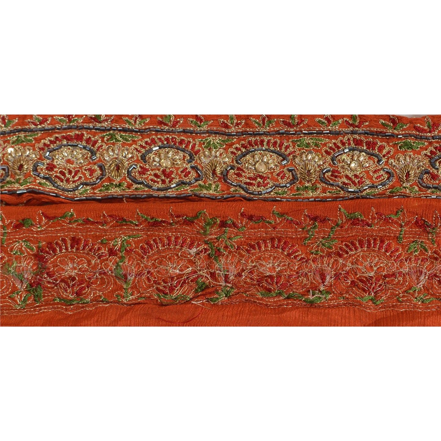 Sanskriti Vintage Saree Border Hand Beaded 1 Yard Trims Sewing Orange Zari Lace