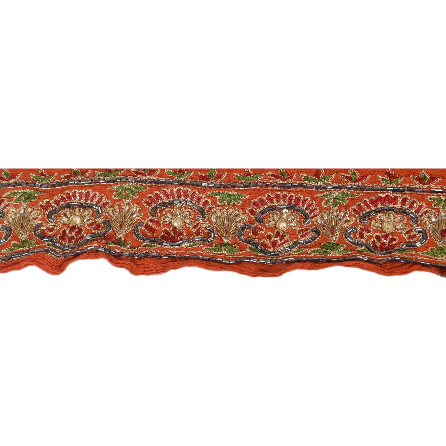 Sanskriti Vintage Saree Border Hand Beaded 1 Yard Trims Sewing Orange Zari Lace