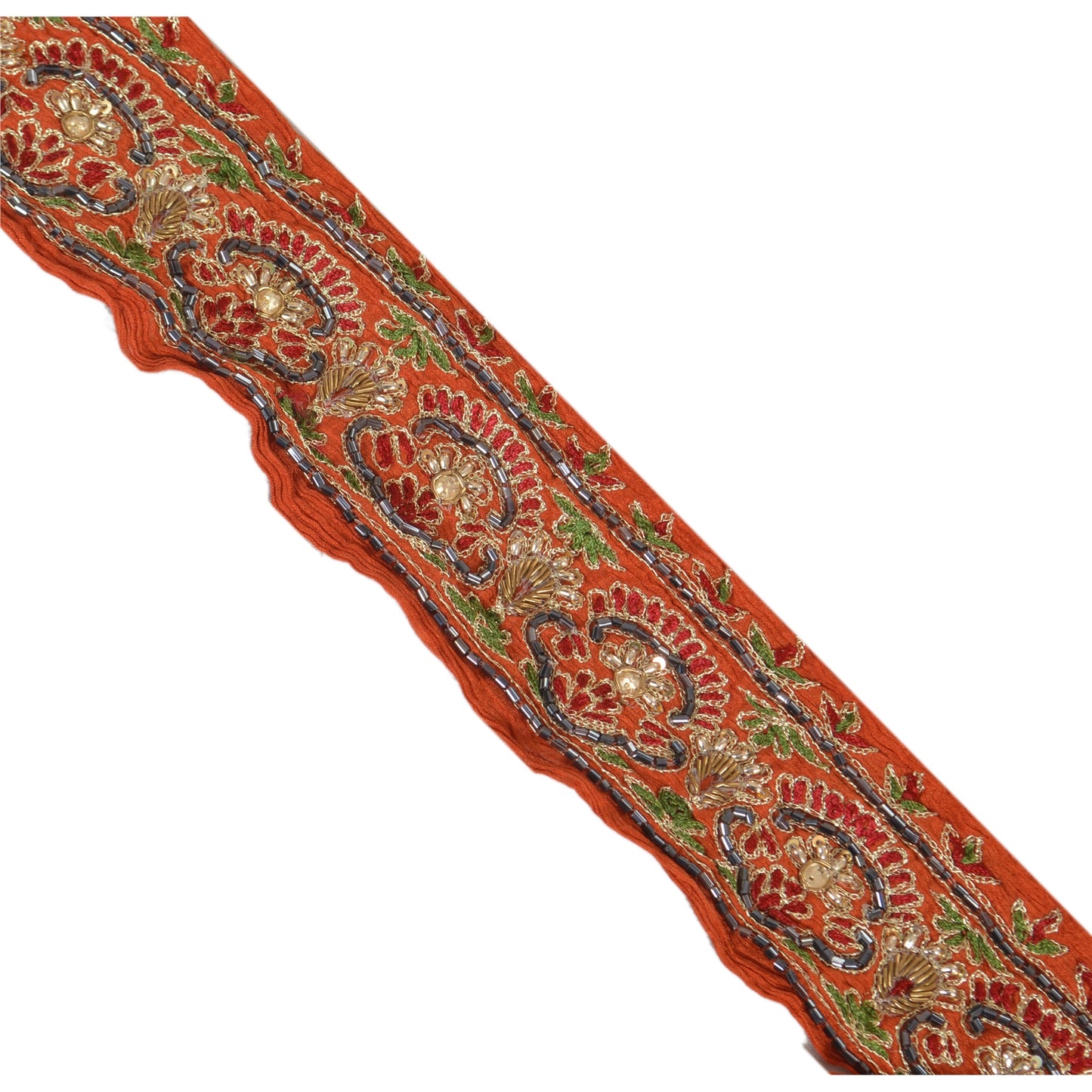 Sanskriti Vintage Saree Border Hand Beaded 1 Yard Trims Sewing Orange Zari Lace