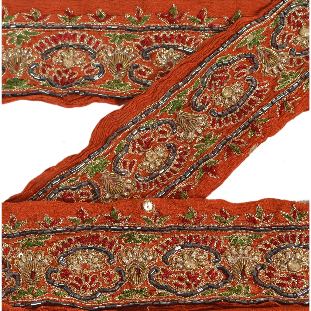 Sanskriti Vintage Saree Border Hand Beaded 1 Yard Trims Sewing Orange Zari Lace
