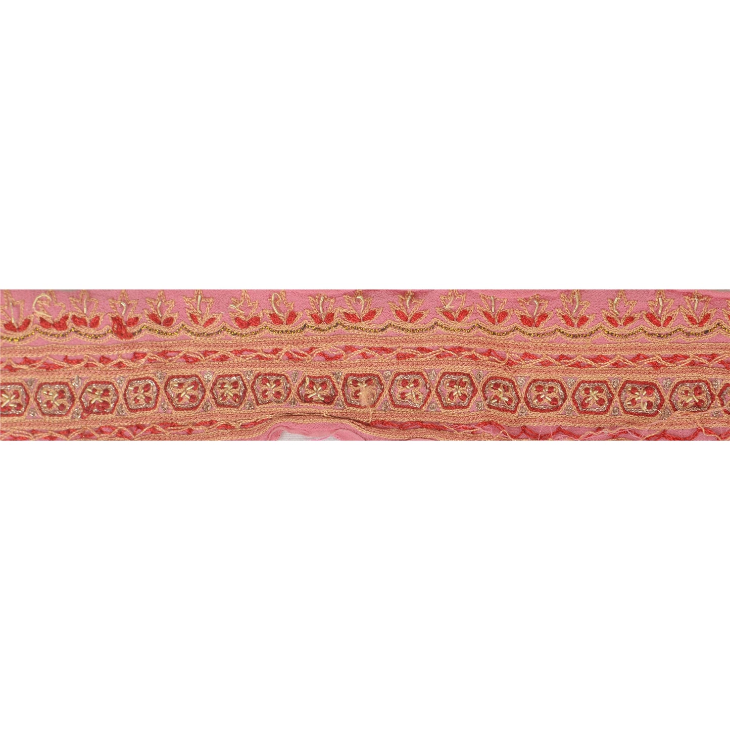 Sanskriti Vintage Sari Border Hand Embroidered 1 Yd Indian Trim Ribbon Pink Lace