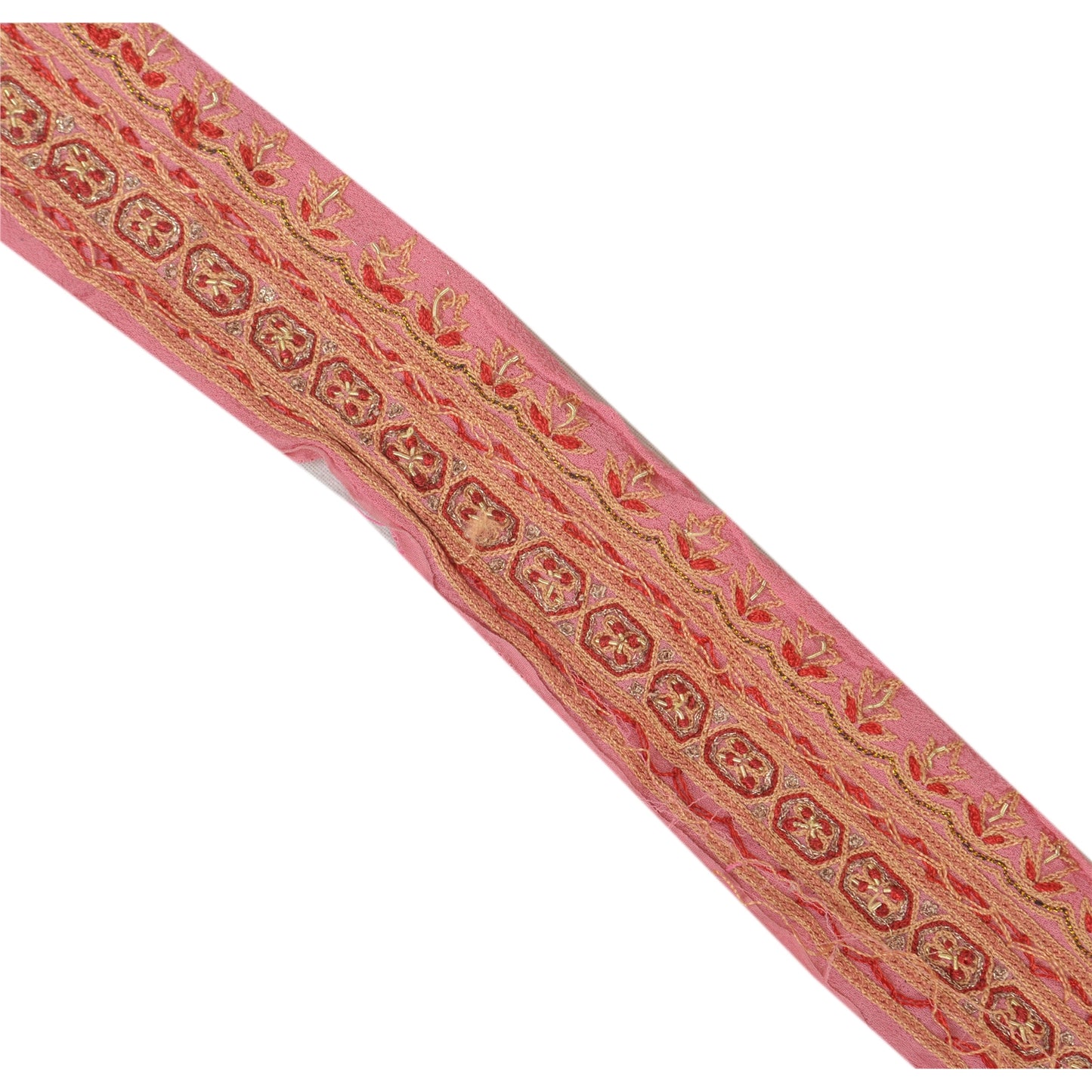 Sanskriti Vintage Sari Border Hand Embroidered 1 Yd Indian Trim Ribbon Pink Lace