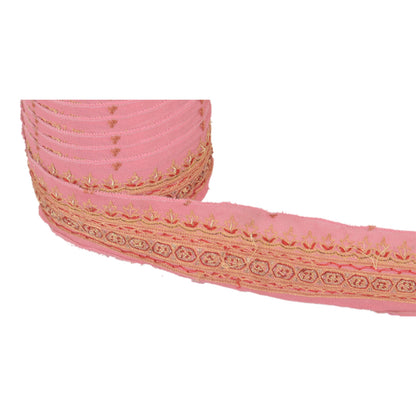 Sanskriti Vintage Sari Border Hand Embroidered 1 Yd Indian Trim Ribbon Pink Lace