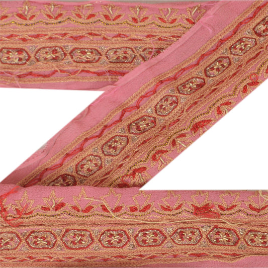 Sanskriti Vintage Sari Border Hand Embroidered 1 Yd Indian Trim Ribbon Pink Lace