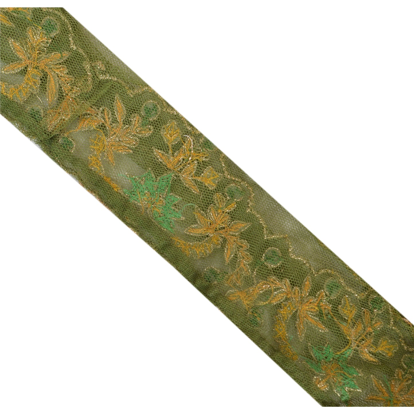 Sanskriti Vintage Sari Border Hand Embroidered 1Yd Indian Trim Sewing Green Lace