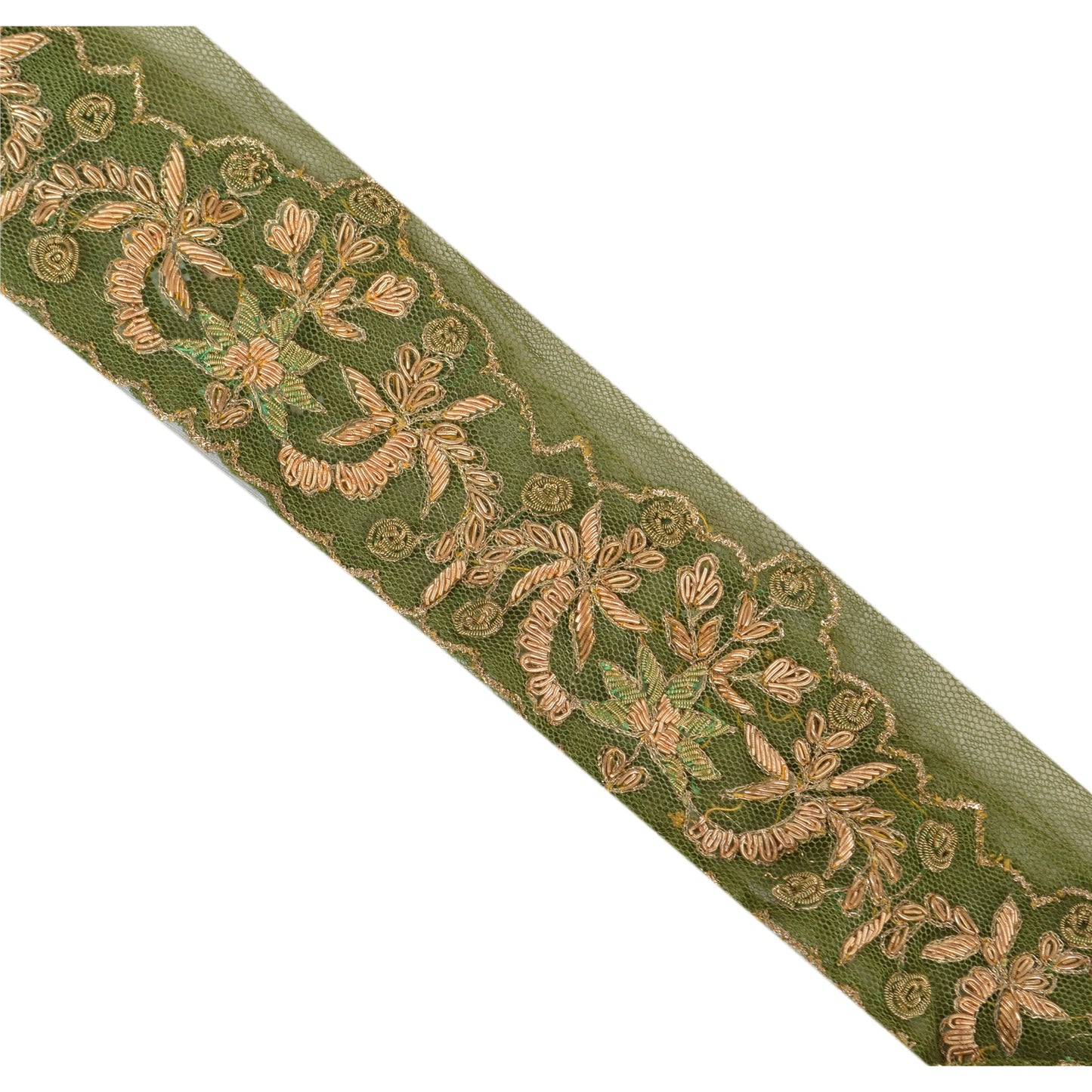 Sanskriti Vintage Sari Border Hand Embroidered 1Yd Indian Trim Sewing Green Lace