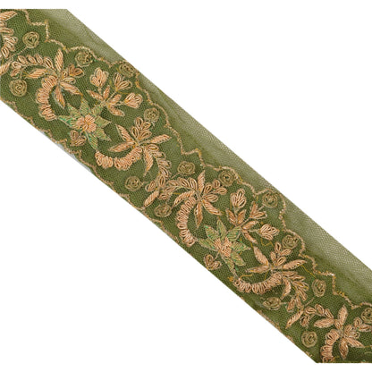 Sanskriti Vintage Sari Border Hand Embroidered 1Yd Indian Trim Sewing Green Lace