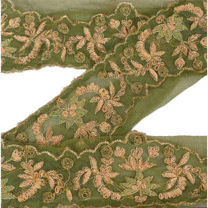 Sanskriti Vintage Sari Border Hand Embroidered 1Yd Indian Trim Sewing Green Lace