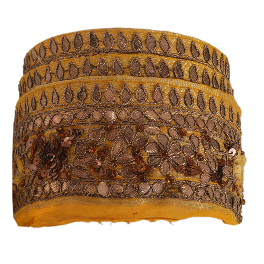 Sanskriti Vintage Sari Border Hand Beaded Woven 1 Yd Trim Sewing Yellow Lace