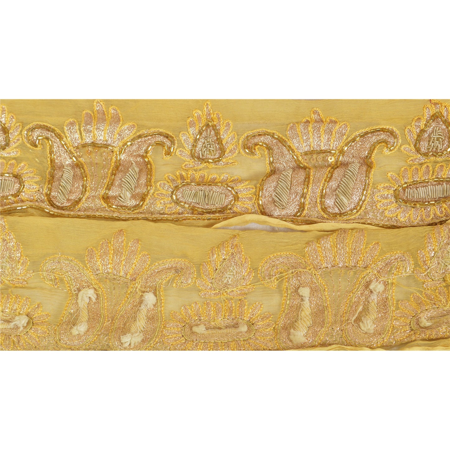 Sanskriti Vintage Sari Border Hand Beaded 1Yd Indian Trim Sewing Cream Zari Lace