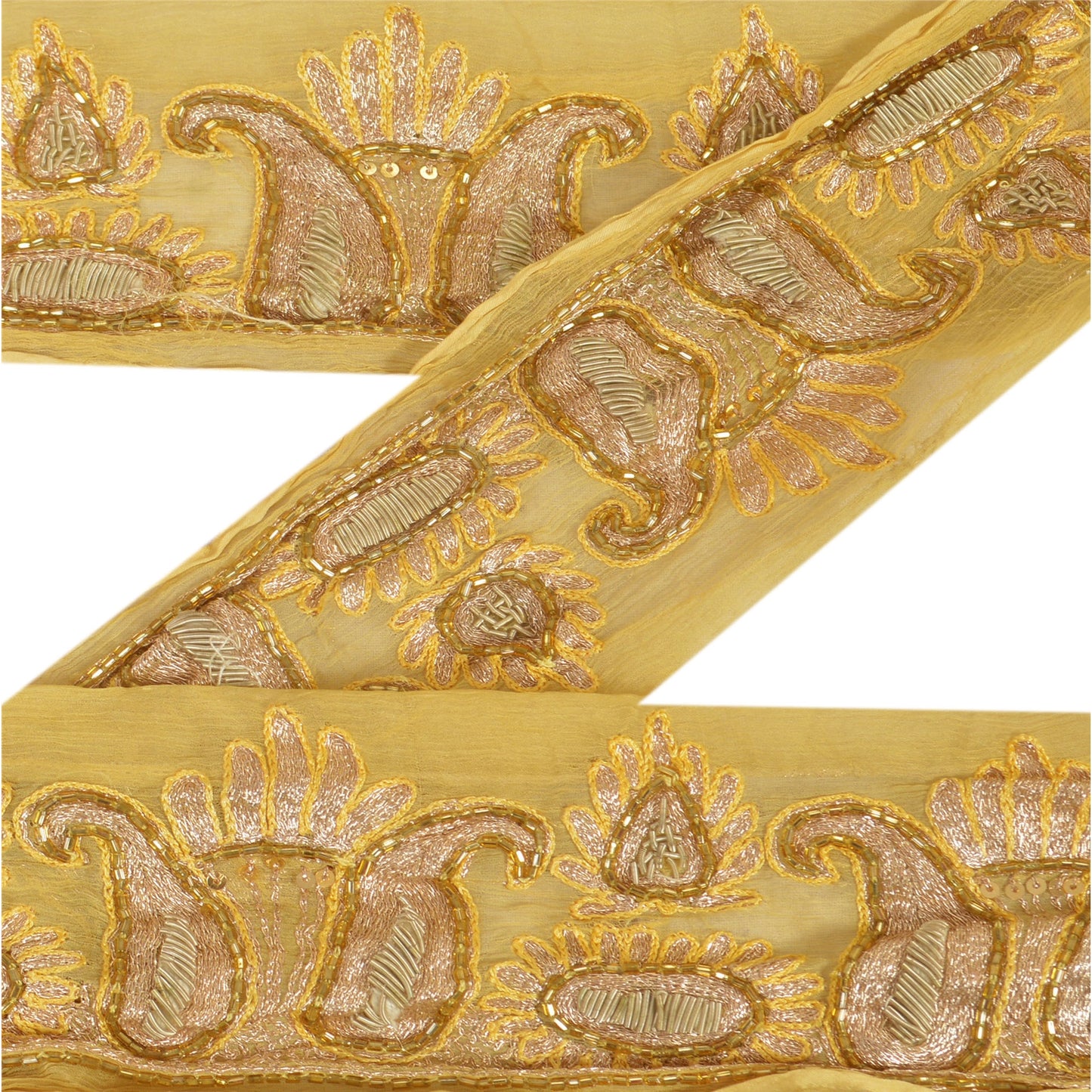 Sanskriti Vintage Sari Border Hand Beaded 1Yd Indian Trim Sewing Cream Zari Lace