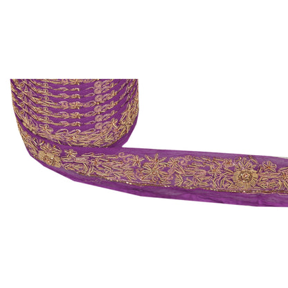 Sanskriti Vintage Sari Border Hand Beaded 1 Yd Indian Trim Ribbon Purple Lace