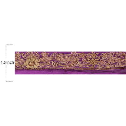 Sanskriti Vintage Sari Border Hand Beaded 1 Yd Indian Trim Ribbon Purple Lace