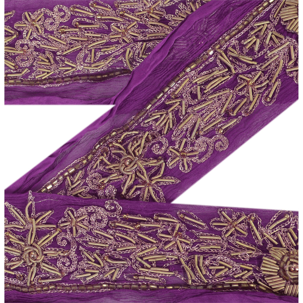 Sanskriti Vintage Sari Border Hand Beaded 1 Yd Indian Trim Ribbon Purple Lace