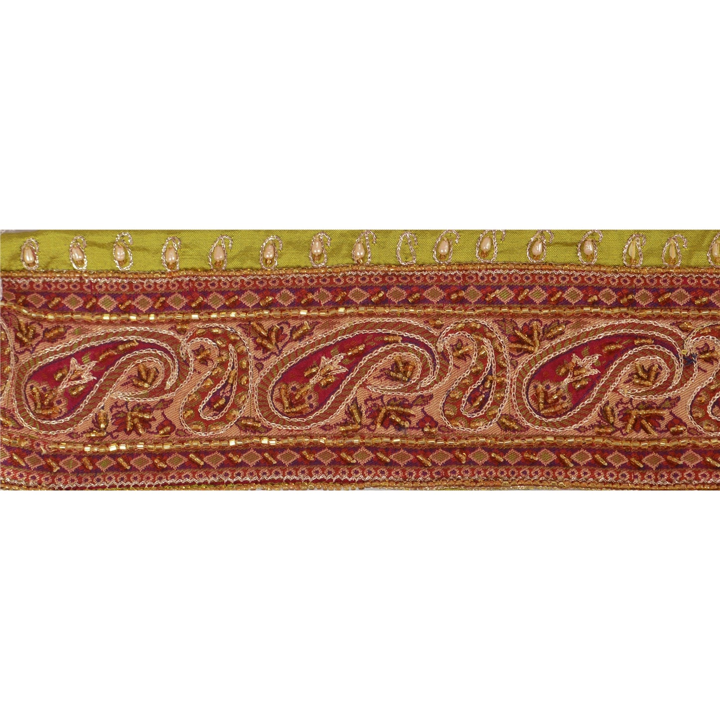Sanskriti Vintage Sari Border Hand Beaded 1 YD Pure Silk Trim Sewing Green Lace