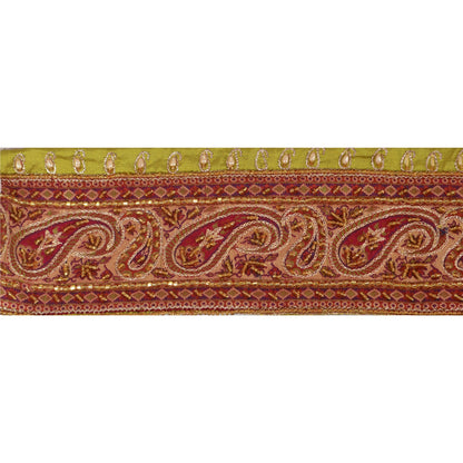 Sanskriti Vintage Sari Border Hand Beaded 1 YD Pure Silk Trim Sewing Green Lace