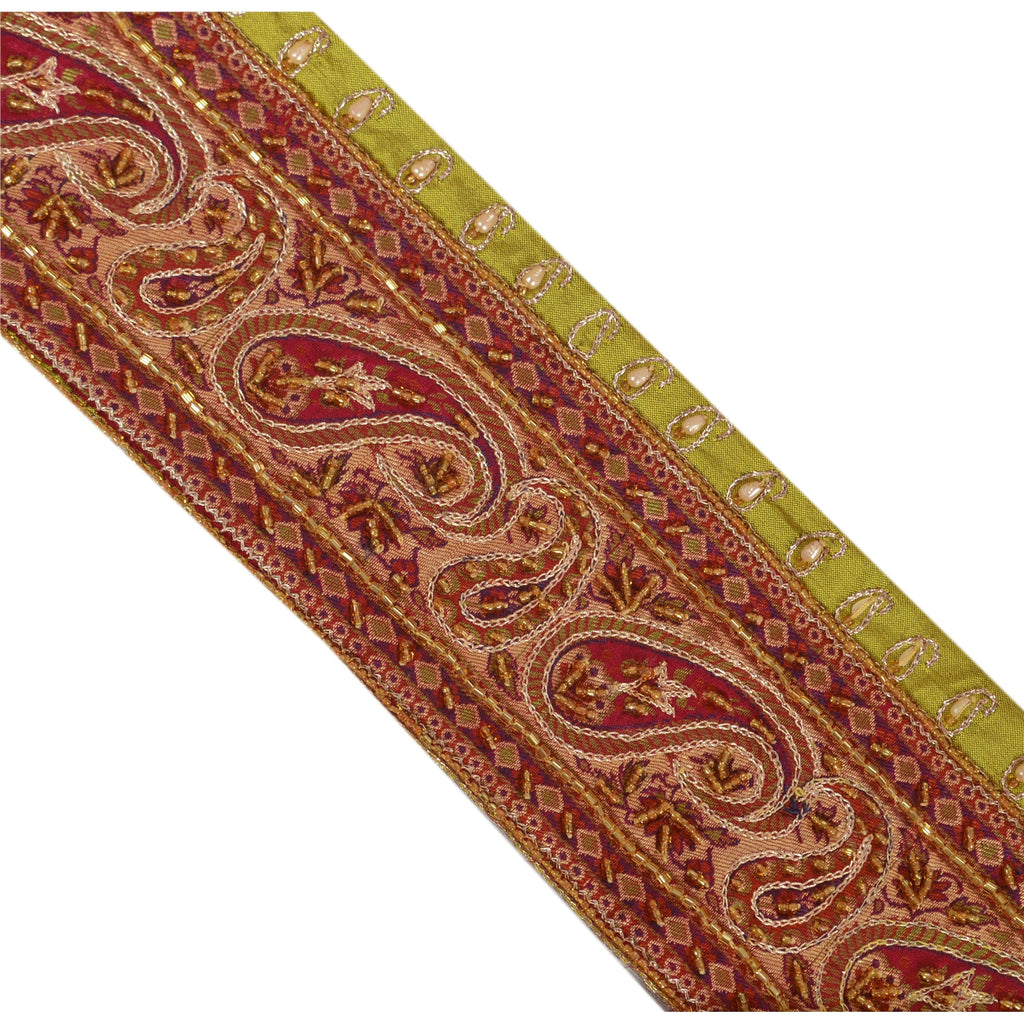 Sanskriti Vintage Sari Border Hand Beaded 1 YD Pure Silk Trim Sewing Green Lace