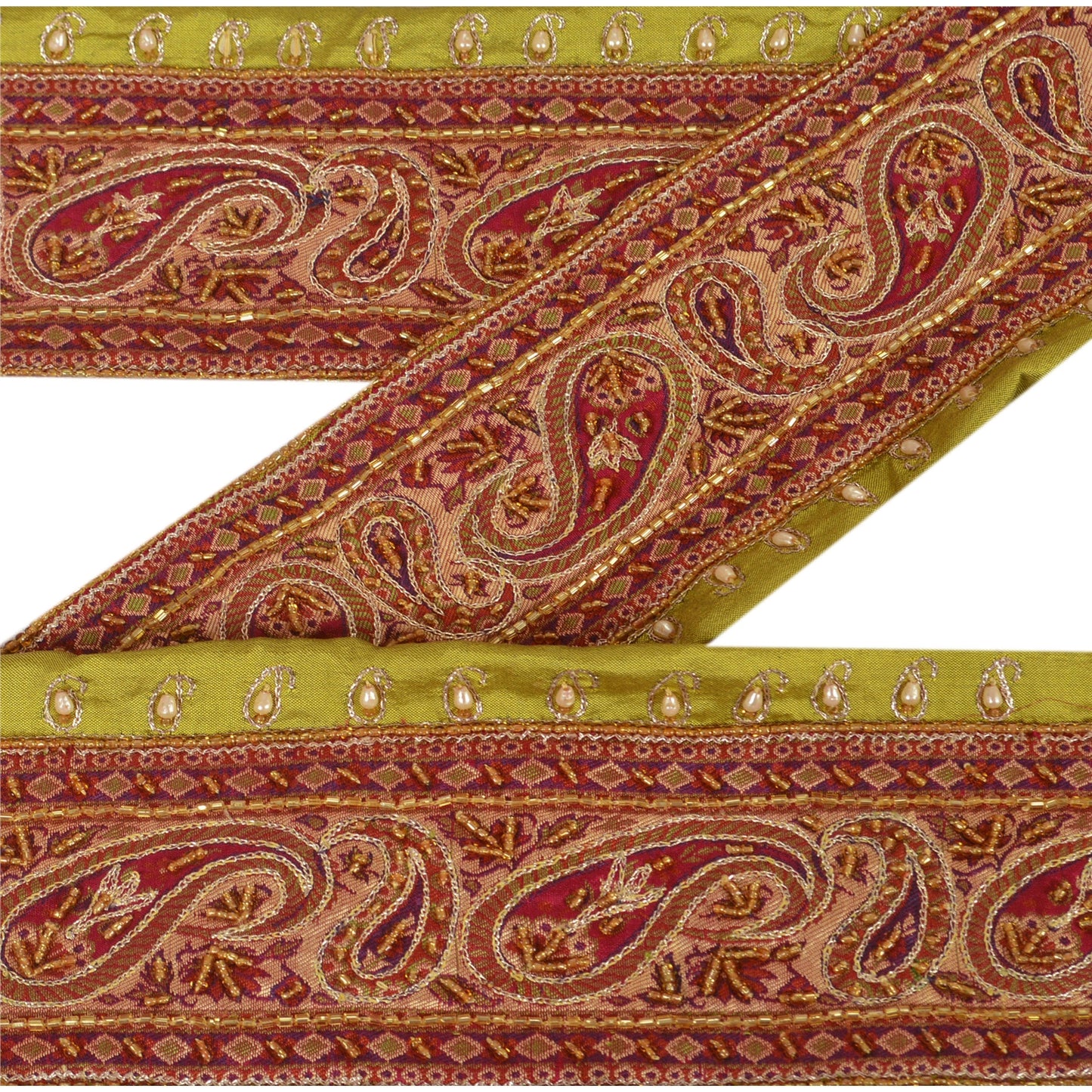 Sanskriti Vintage Sari Border Hand Beaded 1 YD Pure Silk Trim Sewing Green Lace