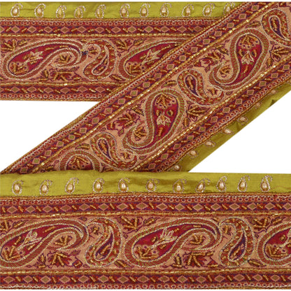 Sanskriti Vintage Sari Border Hand Beaded 1 YD Pure Silk Trim Sewing Green Lace