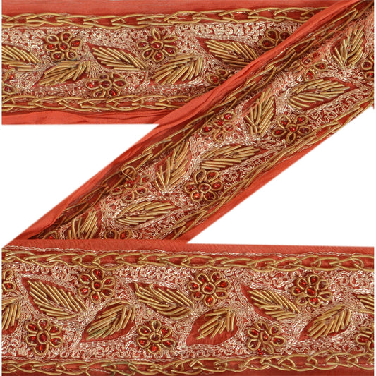 Sanskriti Vintage Sari Border Hand Beaded 1Yd Indian Trim Sewing Pink Decor Lace