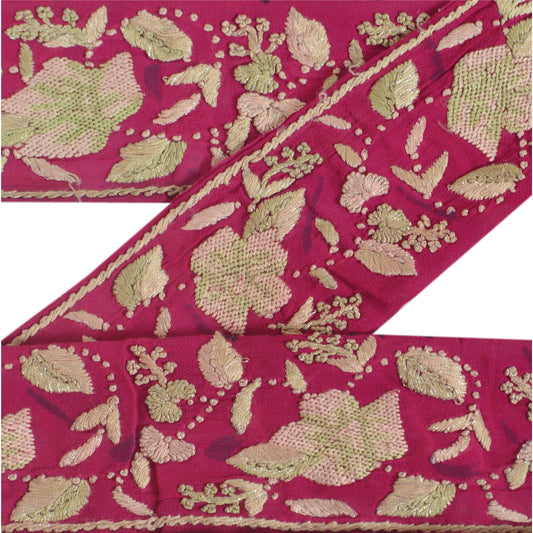 Sanskriti Vintage Sari Border Hand Embroidered 1 Yd Trim Sewing Pink Decor Lace